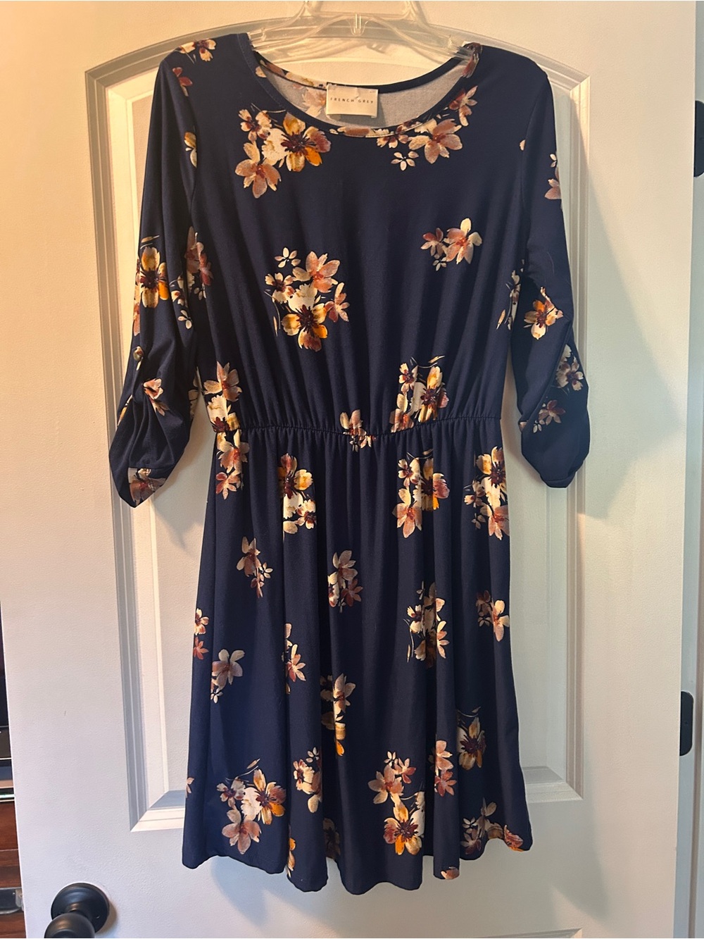 French Grey Navy Floral Top with Mustard and Cream Blooms